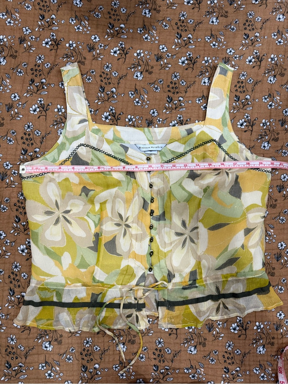 Vintage Silk Earthy Floral Camisole Ruffle Hem Y2K Fairycore Boho Chic Tie-Front - Picture 9 of 12